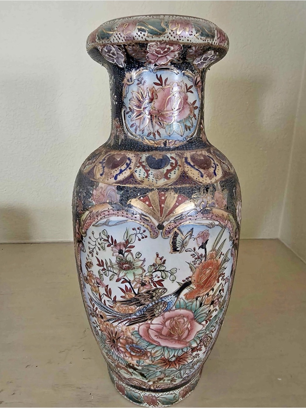 Vintage Japanese Satsuma Floor Vase - Gold Gilt Birds & Flowers Hand Painted 16”